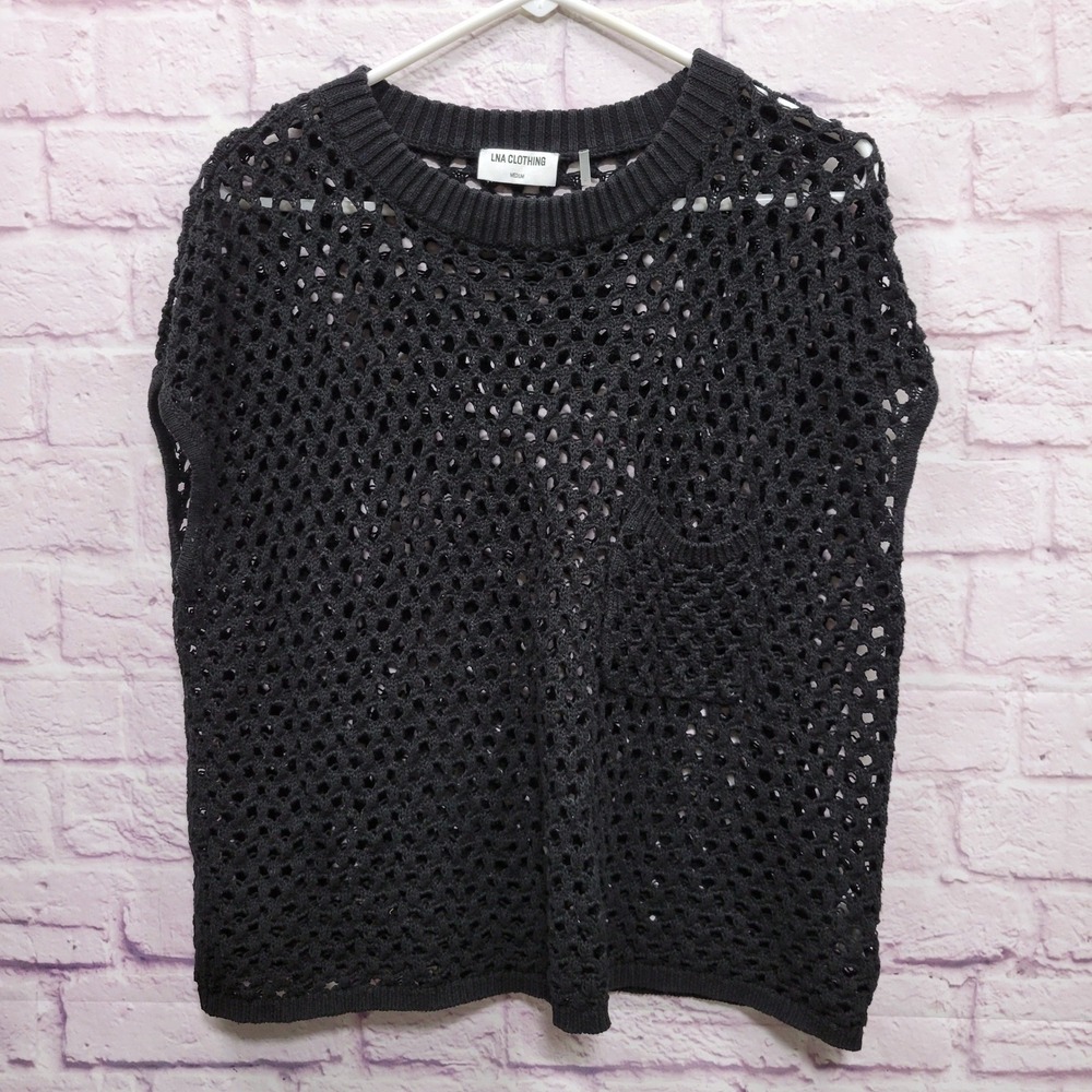 LNA Clothing Black Crochet Open Knit Sweater Vest Womens M Grunge Goth Y2K Indie